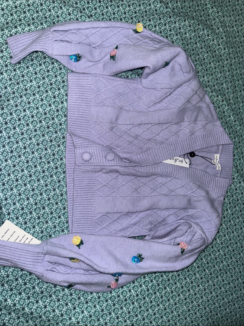 For Love And Lemons Lavender Cable-Knit Cardigan with Floral Appliqués